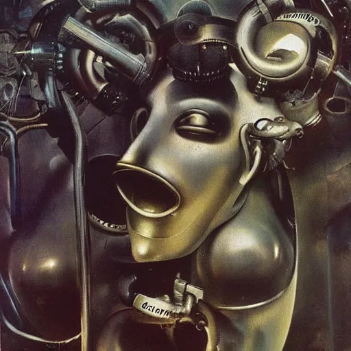 Image similar to Oil painting by Dali. Two mechanical trash gods with animal faces kissing. Oil painting by Hans Bellmer.