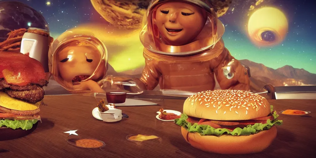 Prompt: a dream of time gone by, where I was eating burgers and not so hungry, realistic, out of this world, alien, sleepy, on a mini world, the little prince from outer space, colorful, gangly, dream, vial of stars, metallic, satisfying render, tiny people devouring food, the happiest moment, joy, fry sauce, aurora
