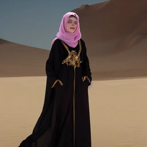 Image similar to A portrait of Emma Stone wearing arabian abaya, high quality, fully detailed, 4k