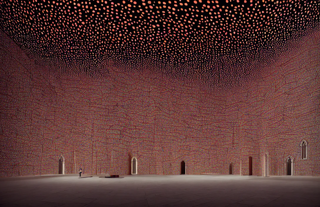 Image similar to vestiges of the world in this church interior, vertical lines suggest spirituality, rising beyond human reach toward the heavens. cloister quadrangle yayoi kusama installation by filip hodas