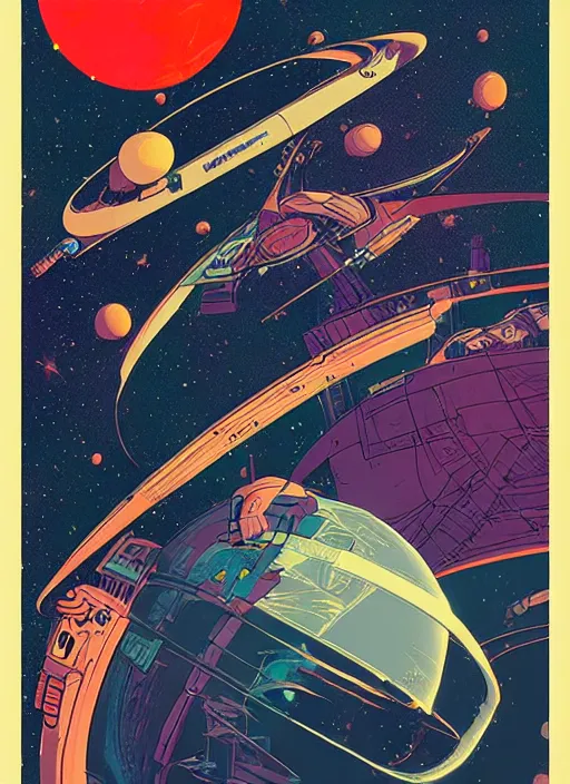 Prompt: a retro science fiction poster by moebius, flat, sharp, 8 k