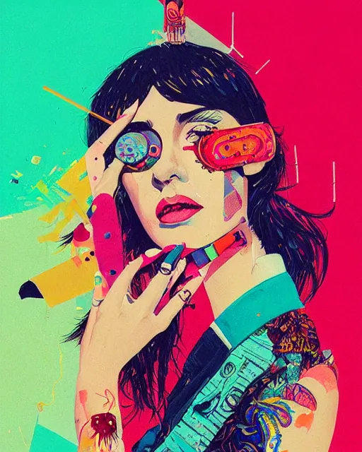 Image similar to an ultradetailed beautiful painting of a stylish woman with colorful band aids, rave concert poster, retro, conrad roset, greg rutkowski, flume cover art,