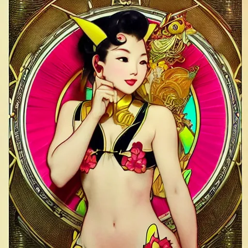 Prompt: just one lonely attractive asian showgirl in a pikatchu costume!! realistic illustration by artgerm and alphonse mucha. full body!! anatomical correct contour light effect!! 8 k stage light octane rendersharp edge ultra clear intricate elegant detailed,