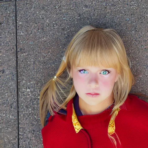 Image similar to a blonde girl waiting for the school bus, detailed face, sunny