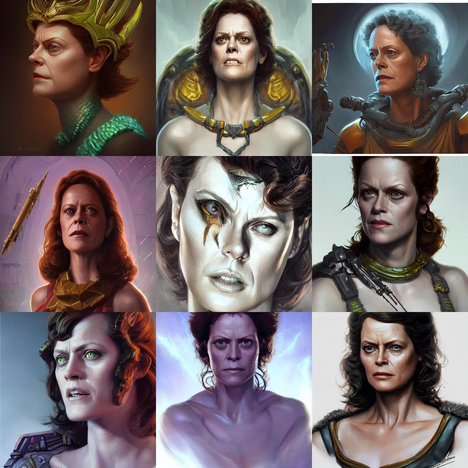 Prompt: hera, sigourney weaver, d & d, fantasy, portrait, highly detailed, digital painting, trending on artstation, concept art, sharp focus, illustration, art by artgerm and greg rutkowski and magali villeneuve