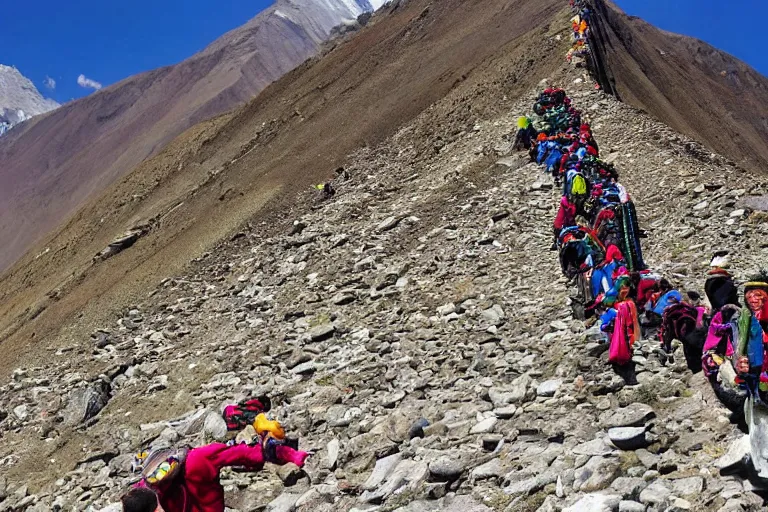 Prompt: people climbing tibet mountains in spring