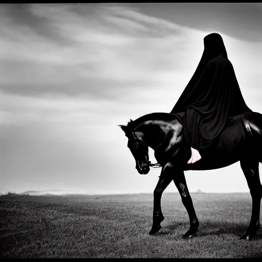 Prompt: A young lady with a black cloak is riding a dark horse from distance, Kodak TRI-X 400, dark mood, melancholic,