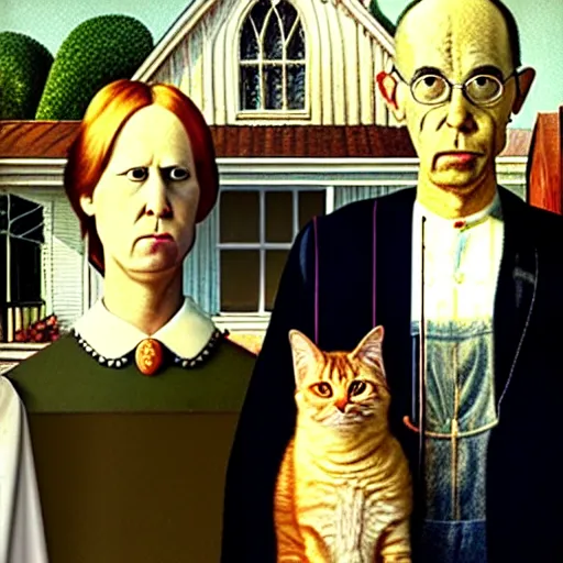 Image similar to fat orange tabby cat and curly haired man in american gothic by grant wood