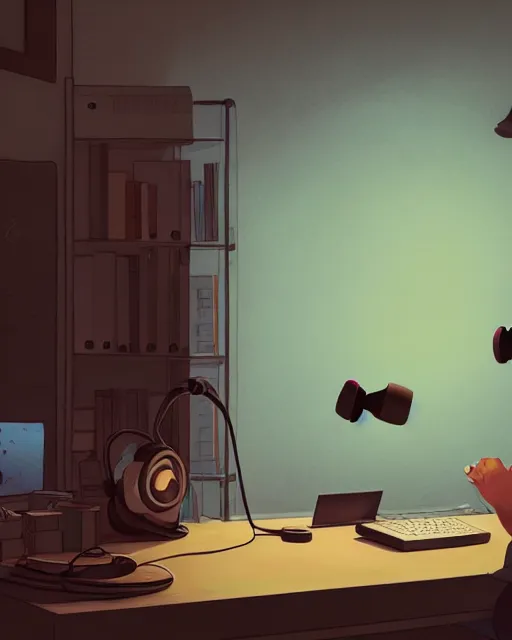 Image similar to producer making music late at night at his home studio with headphones, detailed, cory loftis, james gilleard, atey ghailan, makoto shinkai, goro fujita, studio ghibli, rim light, exquisite lighting, clear focus, very coherent, plain background, soft painting