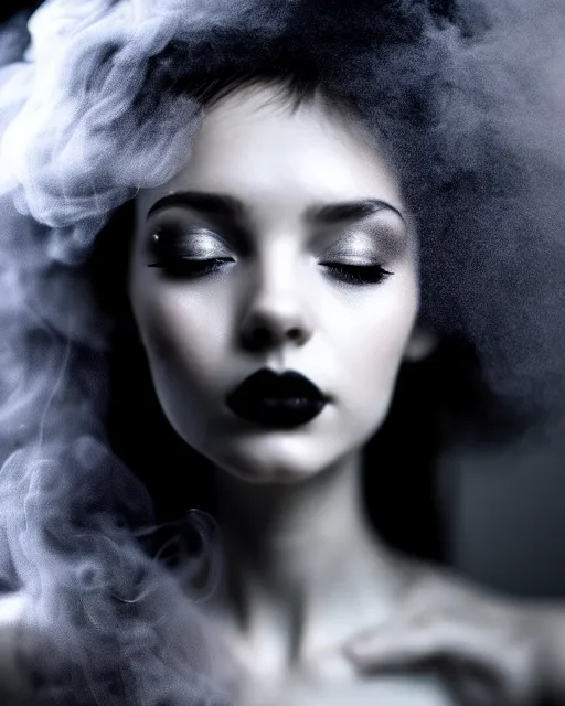 Prompt: black and white dreamy smoky young beautiful female artificial intelligence, long hair are made of smoke, cinematic, rim light, bokeh, photo - realistic, elegant, high detail, 8 k, masterpiece, photo taken in 1 9 3 0