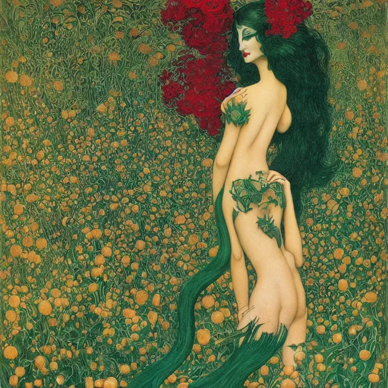 Image similar to !!!dream brunette woman standing in a green dress on a gold background, with black roses and red lips Anton Pic, Jean Delville, Amano, Yves Tanguy, Ernst Heckel, Edward Robert Hughes, Stanislaw Szukalski and Roger Dean photorealism