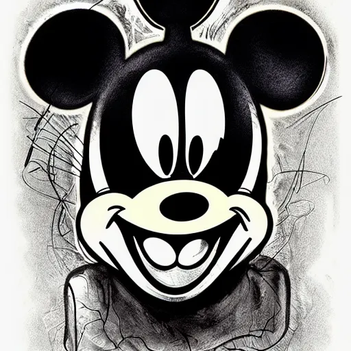 Prompt: Mickey Mouse in the style of H.R. Giger, airbrush and ink render,