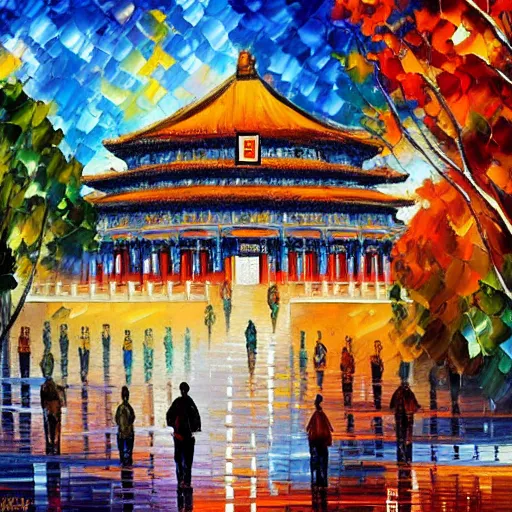 Image similar to a paint of the Forbidden city by leonid afremov.