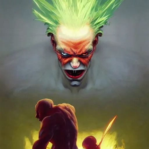 Prompt: 4k headshot of godlike Spawn from Macfarlane comics killing demon clowns with green fire by Craig Mullins, ilya kuvshinov, krenz cushart, epic , artgerm trending on artstation by Edward Hopper and Dan Mumford and WLOP and Rutkovsky, beksinski carl spitzweg moebius and tuomas kocar, intricate artwork by caravaggio, Unreal Engine 5, Lumen, Nanite