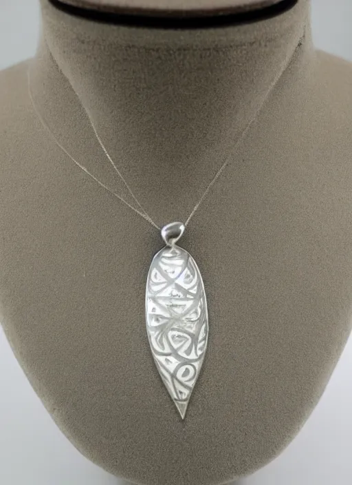 Prompt: Amulet Of Wave inlaid in silver on a young beautiful woman neck, realistic, clean,