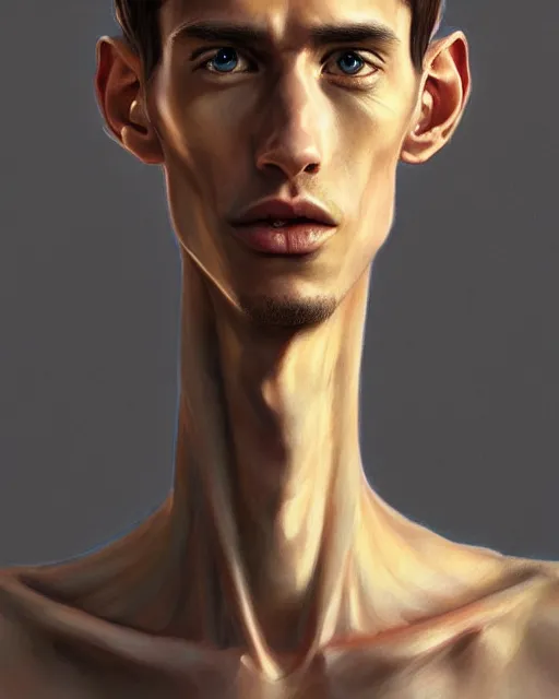 Image similar to semi realistic portrait of a skinny man having tree different eyes with a huge and big Adam's apple by Stanley Artgerm Lau, WLOP, Rossdraws, James Jean, Andrei Riabovitchev, Marc Simonetti, and Sakimichan, trending on artstation