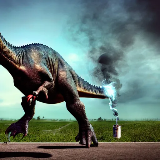 Image similar to a realistic photo of a dinosaur standing on two legs smoking a cigarette in their mouth hdr professional shot, full body