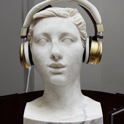 Image similar to a marble sculpture, using headphones in the bathroom