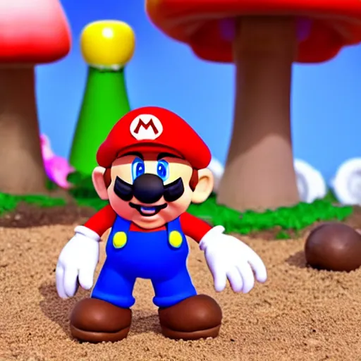 Image similar to claymation mario in a gnome costume, nintendo, mushrooms