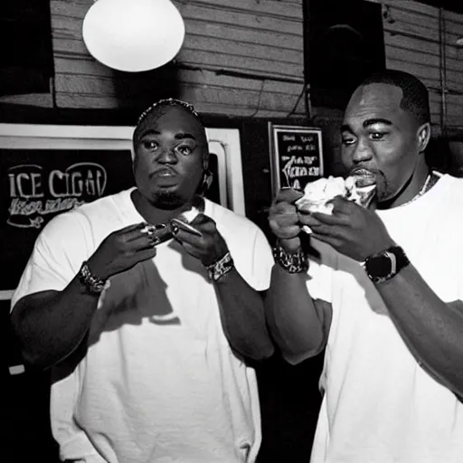 Image similar to Tupac and notorious BIG eating ice cream together at a carnival.