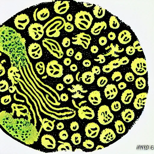 Image similar to plant cell being eaten by nematode worms, microscopy, microscope, psychedelic, halftone, science, scientific, journal