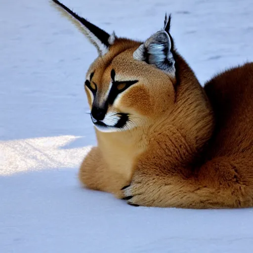 Image similar to photo still of drunk sleepy fat caracal, lying on ice, big stomach, sunny winter day