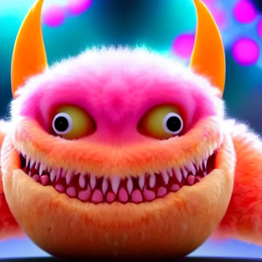 Image similar to an alien with a face that looks like a fuzzy peach the peach is fuzzy pink warm and ripe the alien has horns and a mean smile the alien has chicken feet cruel smile, 4k, highly detailed, high quality, amazing, high particle effects, glowing, majestic, soft lighting, detailed background