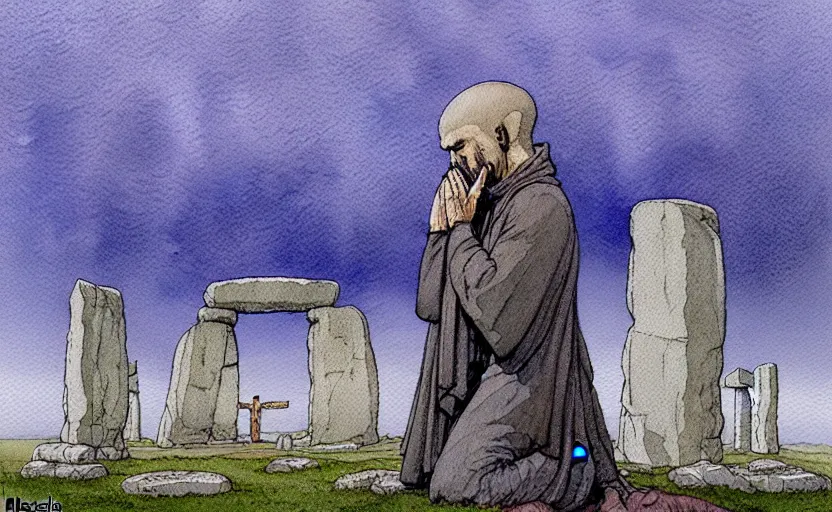 Prompt: a hyperrealist watercolour character concept art portrait of one small grey medieval monk kneeling down in prayer in front of a complete stonehenge monument on a misty night. a huge stone is floating above stonehenge. by rebecca guay, michael kaluta, charles vess and jean moebius giraud