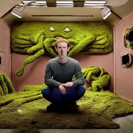 Image similar to a small weird childish alien as Mark Zuckerberg sitting in a room made of green slime and purple mold. Photograph from science fiction movie.