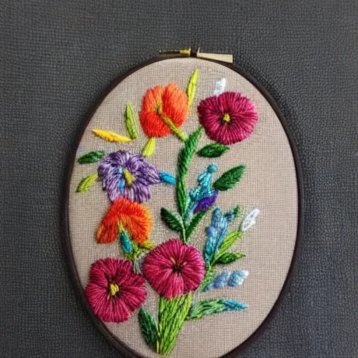 Image similar to a tiny beautiful handmade embroidery of a stunning bouquet of flowers. hand embroidery.