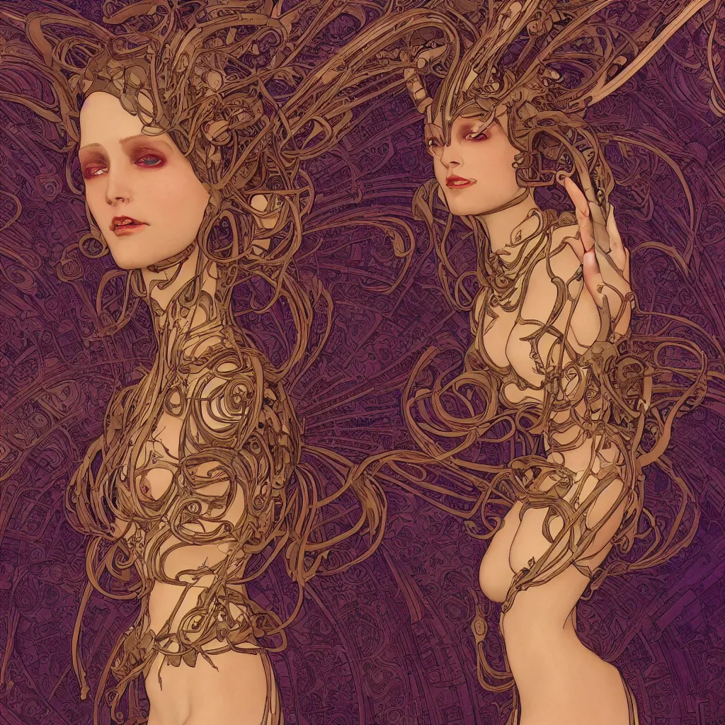 Image similar to a dramatic art nouveau panorama portrait of a malevolent and seductive alien space queen, perfectly symmetrical facial features, beautiful confident eyes, photorealism, by alphons mucha, bill sienkiewicz, geof darrow, travis charest and ralph bakshi, sensual volumetric lighting, vray render, zbrush, artstation, deviantart, the liberator