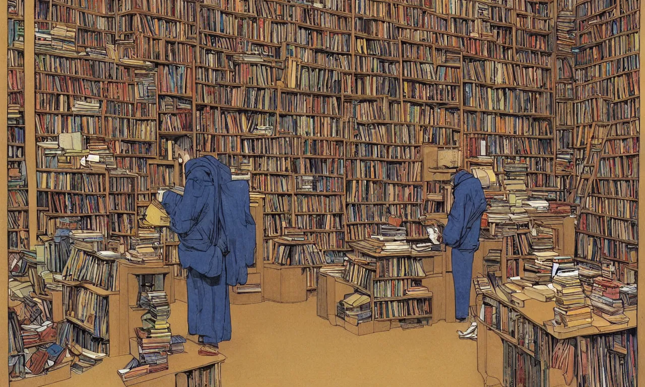 Prompt: bookseller in a bookstore moebius