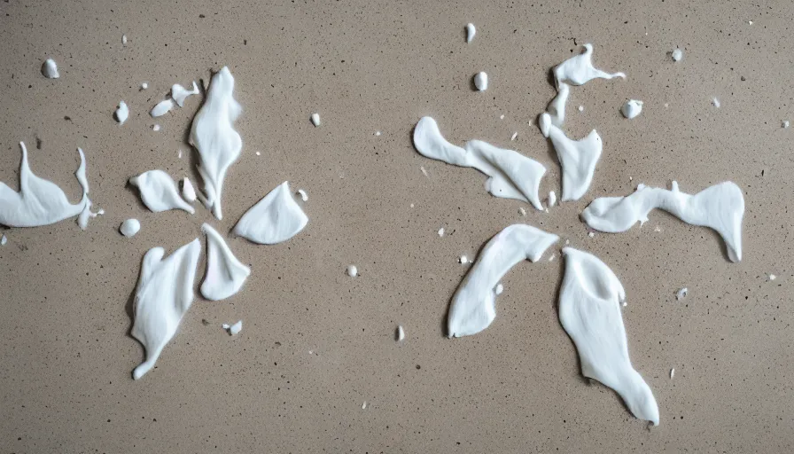 Prompt: a flower made of milk on a white ceramic floor