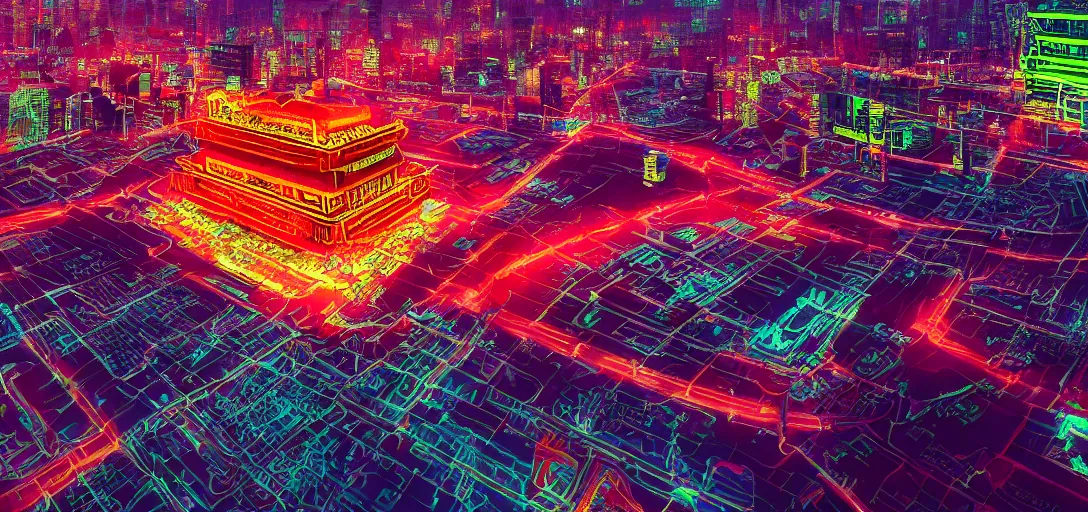 Prompt: chinese cyberpunk palace, cyberpunk, futuristic, ultra wide angle, photograph, sharp focus, intricate detail, drone shot, neon streetlights, holographic advertising board hanging everywhere, high resolution, 8 k