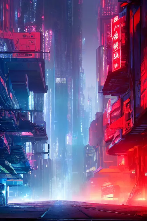 Prompt: fantasy futuristic dystopian cityscape, digital artstation painting, cyberpunk wallpaper, diffused lighting, with red and blue neon ambient lighting, fog, trash and dumpsters in a nearby alley, made by tae young choi and dang my linh, 8 k dop dof hdr