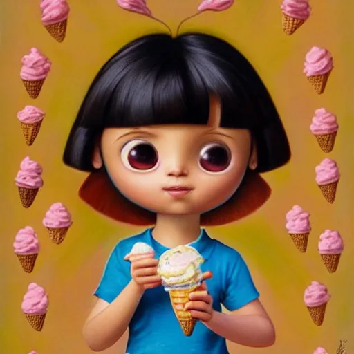 Prompt: portrait of dora the explorer as real girl holding ice cream, detailed, intricate complex background, Pop Surrealism lowbrow art style, mute colors, soft lighting, by Mark Ryden and mucha, artstation cgsociety