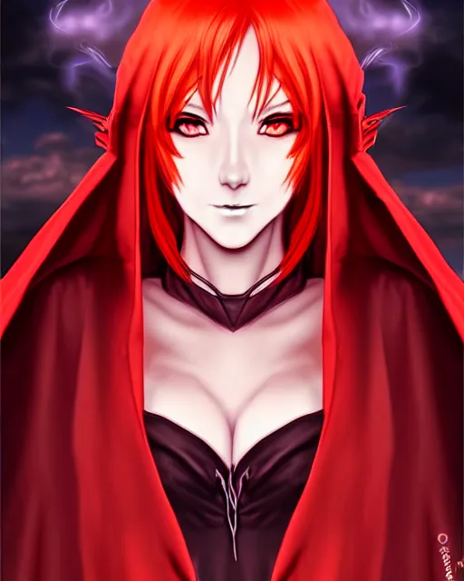 Image similar to portrait Anime sorceress with red hair; cloak with hood; she is summoning fire all around her; pretty face, realistic shaded Perfect face, fine details. Anime. realistic shaded lighting by Kim Jung Gi