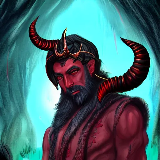 Image similar to dnd render of a male tiefling, red scales, a big black beard, completely golden eyes, 1 curved horn growing out of his forehead, one broken horn growing out of his forehead,