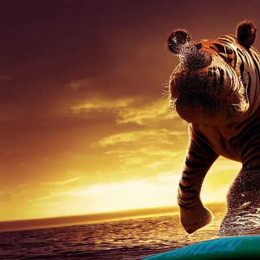 Prompt: a closeup photorealistic photograph of a cute smiling knitted tiger hippopotamus chasing after beachballs during sunset. surf in background. professional capture. this 4 k hd image is trending on artstation, featured on behance, well - rendered, extra crisp, features intricate detail, epic composition and the style of unreal engine.