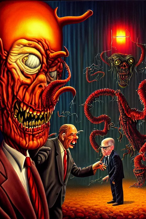 Image similar to a hyperrealistic painting of a news reporter interviewing monsters at the gates of hell, cinematic horror by jimmy alonzo, the art of skinner, chris cunningham, lisa frank, richard corben, highly detailed, vivid color,