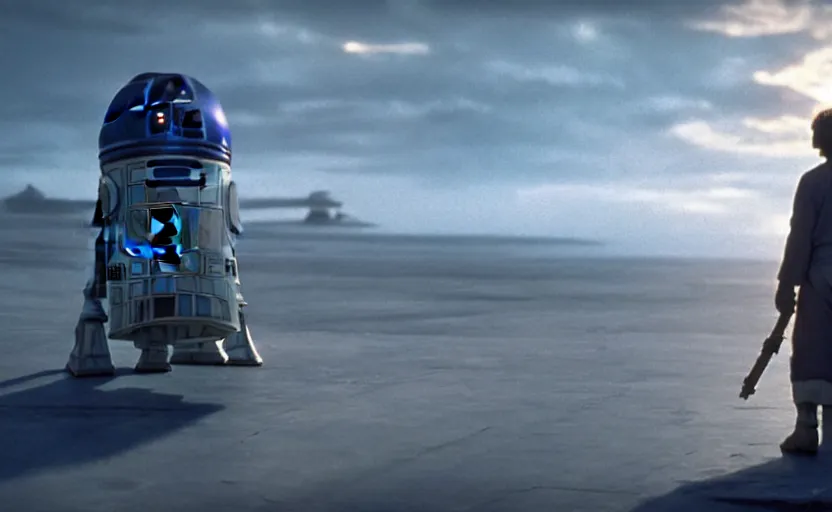 Image similar to iconic wide cinematic screen shot of luke skywalker downtrodden with r 2 - d 2, standing with a view of coruscant at sunset, from the thrilling scene from the hbo succession, moody cinematography, foggy volumetric lighting, hyper detailed scene, anamorphic lenses 2 4 mm, lens flare, award winning