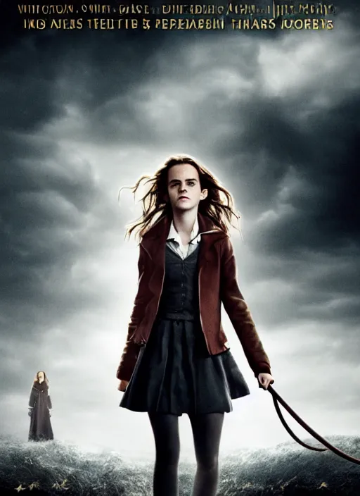 Prompt: Movie poster, Emma Watson as Hermione Granger, dark, thunderstorm, extremely detailed, award winning, 4K