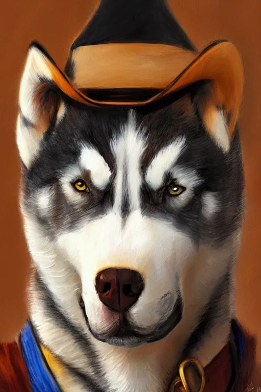 Image similar to a portrait painting of a husky in cowboy costume, a fistful of dollars, character design, anime, furry, humanoid, personify, anthropomorphic