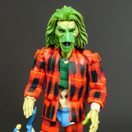 Image similar to plastic wolfman action figure with faded green face dressed in a plaid suit. 1 9 7 9 vintage