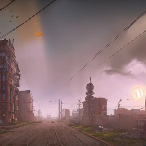 Prompt: Steampunk buildings with the sun shining through the clouds in wasteland by Simon Stålenhag and Grant Wood,In style of Retro Futurism Art.hyper detailed,8K Resolution,unreal engine 5,epic lighting,Ray Tracing,highly realistic