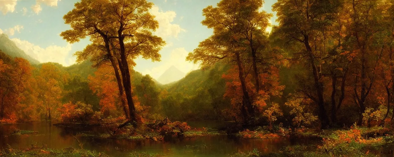 Prompt: beautiful forest scenery, distant mountains, river flowing through the verdant underbrush, distant clouds, cloud shadow, late autumn, painting by albert bierstadt and thomas cole