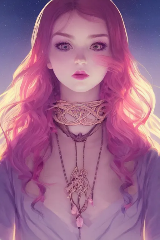 Prompt: extremely beautiful female portrait, accelerated perspective wavy hair, dof skin, dark choker on neck with feathers, pinky + lovely background, soft light detailed illustration by ilya serafleur / kuvshinov / rossdraws / tian zi, sharp focus, moody lighting from top, vibrant pupils, lipstick on lips, d & d fantasy race