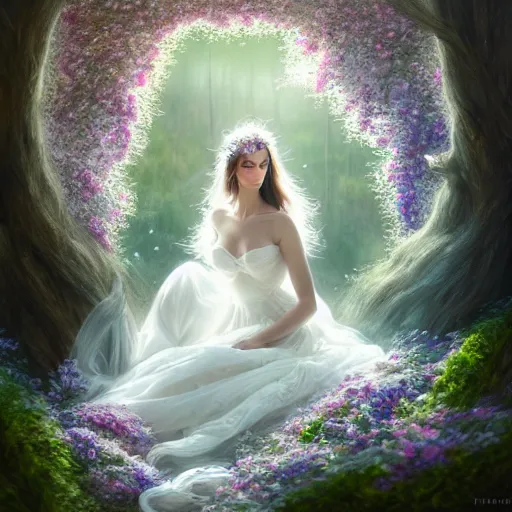 Image similar to a picture of a beautiful woman in a white organza dress and covered in flowers and leaves sitting overlooking an enchanted forest, high fantasy, elegant, epic, detailed, intricate, digital painting, concept art, realistic detailed face, smooth, focus, rim light, detailed 8 5 mm f / 1. 4, anamorphic lens,