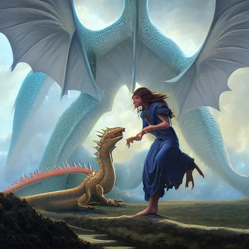 Prompt: a photorealistic painting of a woman and a dragon, a matte painting by christophe vacher, featured on deviantart, fantasy art, matte painting, storybook illustration, 2 d game art. extremely detailed. realism. symmetry. photorealism. coherent