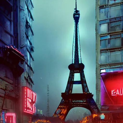 Prompt: A beautiful intricate 8K award-winning ground-level cinematic movie photograph of the future destroyed and decaying Eiffel Tower made of neon, surrounded by broken corporate video billboard displays. in the year 2050, by Bruno Delbonnel and greg rutkowski. Arri Alexa 65, IMAX 70mm footage. Dirty billboards. Cinematic lighting